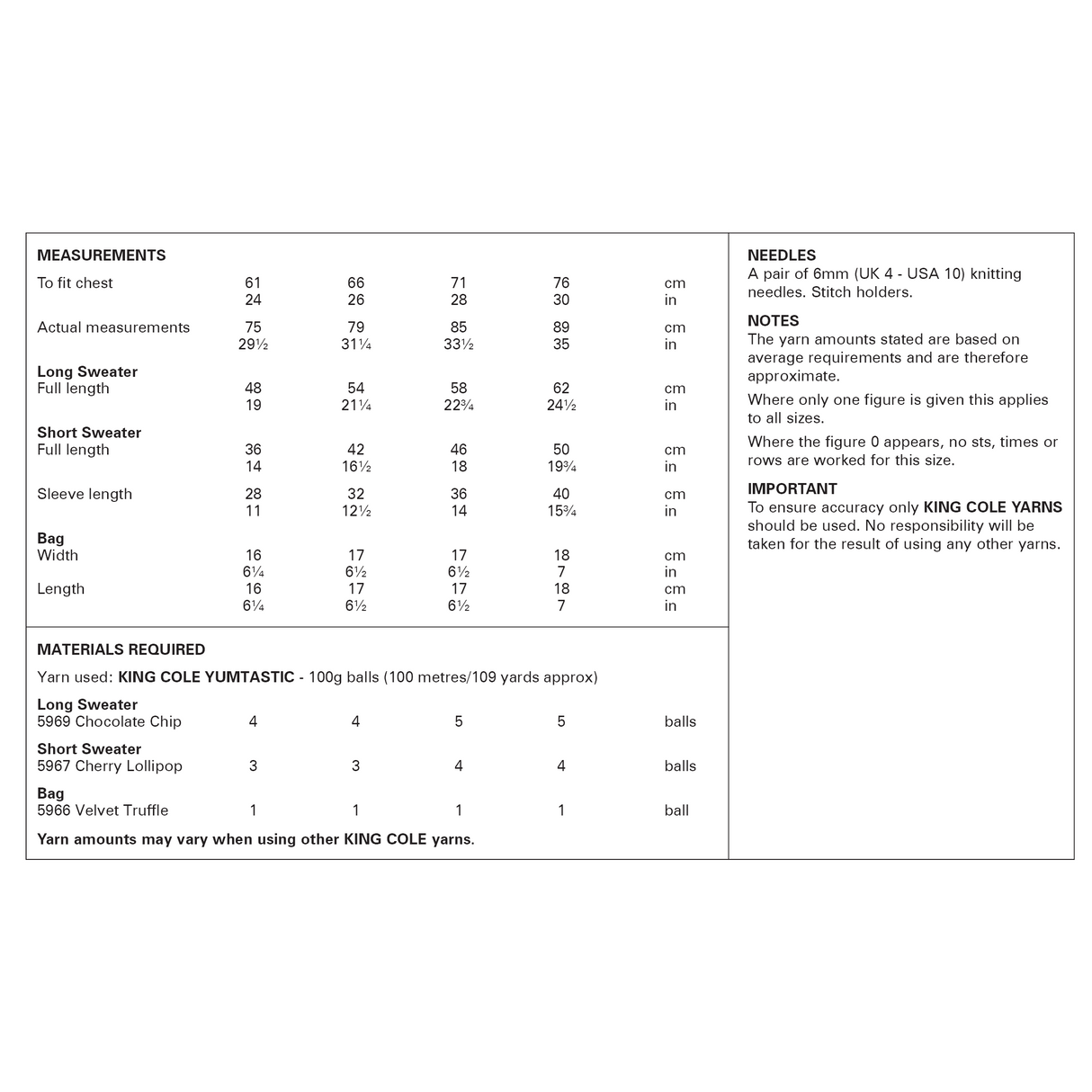 King Cole Yumtastic Chunky Child's Sweaters & Bag Pattern 6252