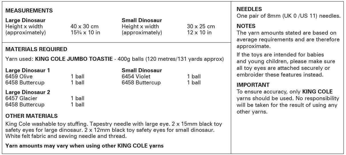 King Cole Jumbo Toastie Squishy Dinosaur Toys Pattern 9216
