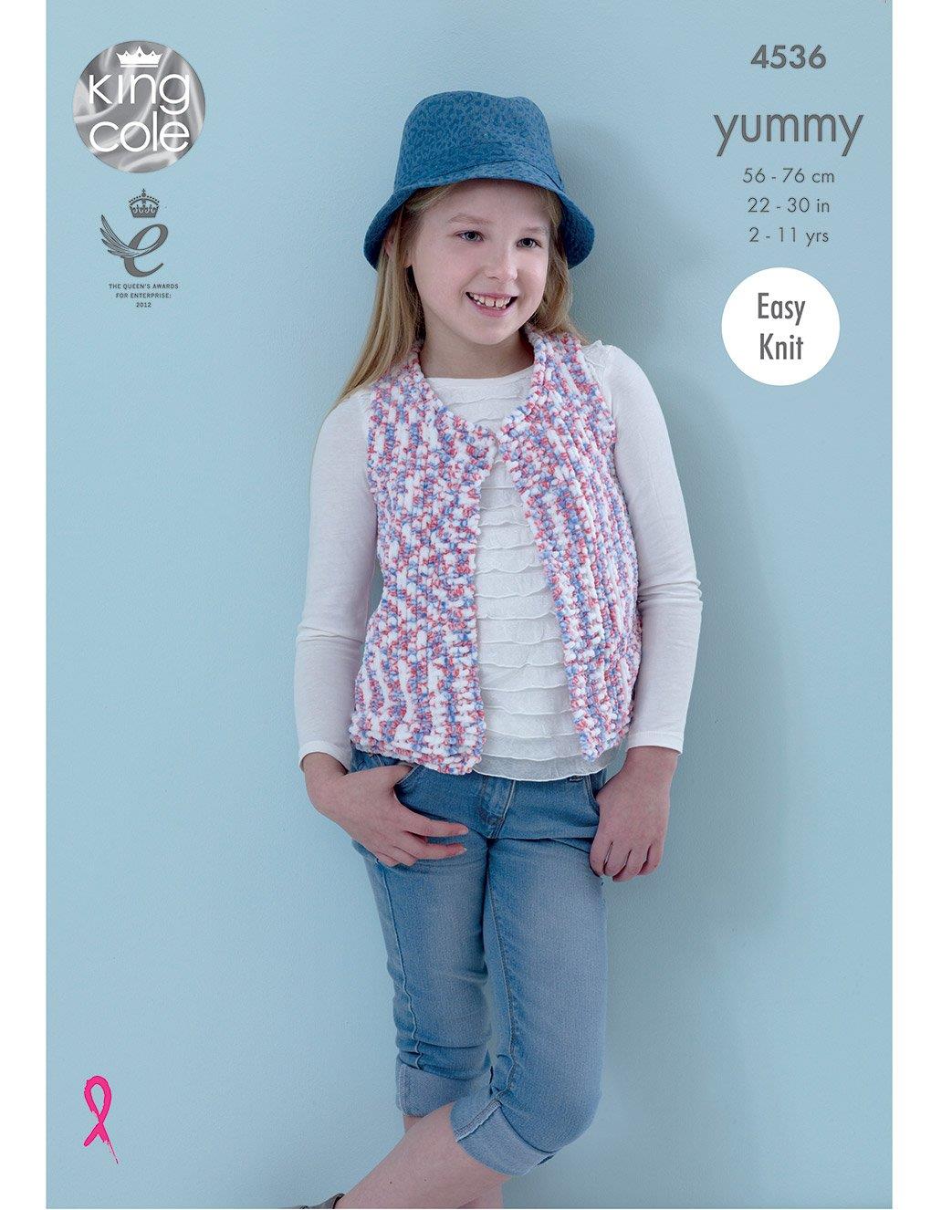 King Cole Yummy knitting pattern (4536) waistcoat, cardigan and hat