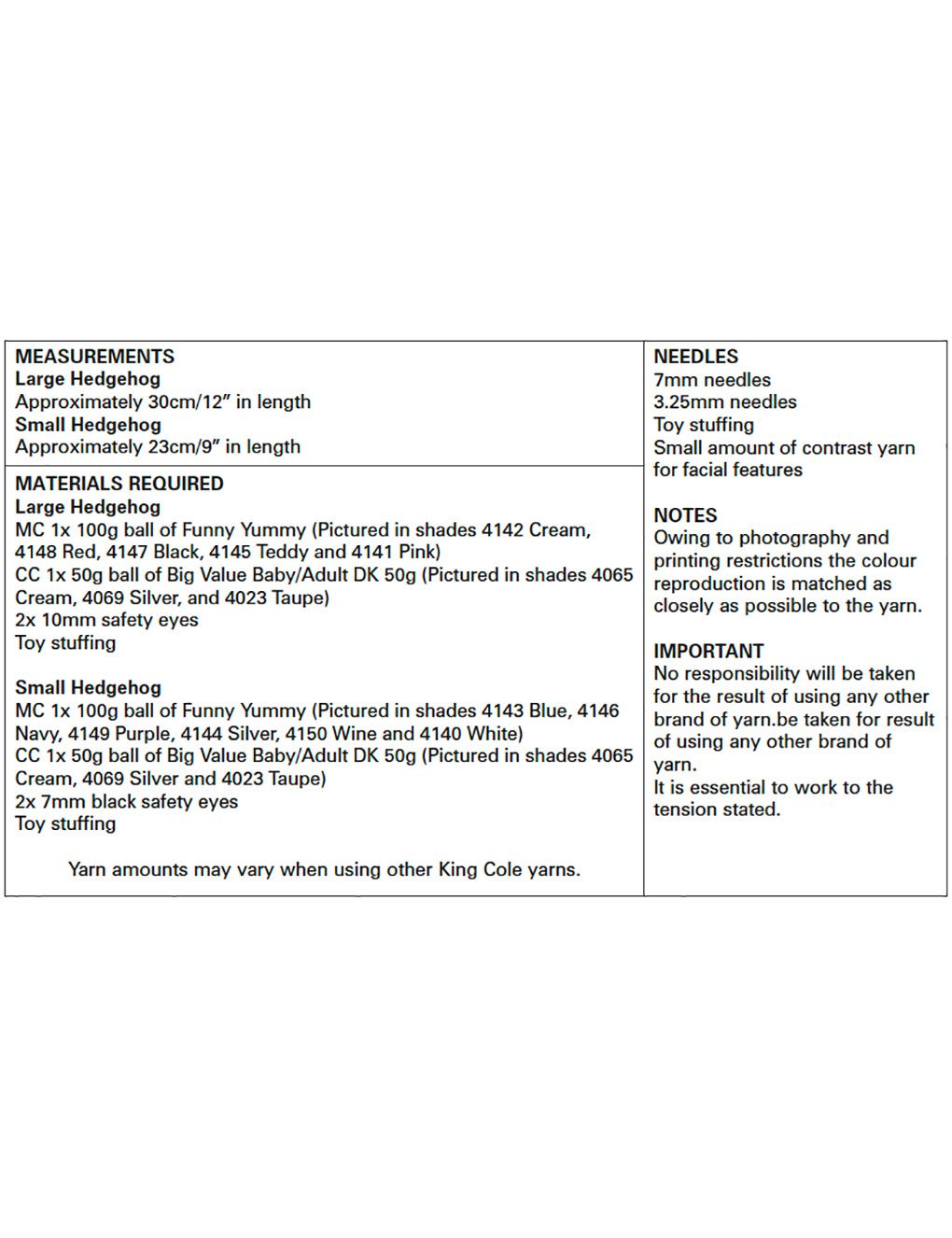 King Cole Funny Yummy knitting pattern (9135) hedgehogs