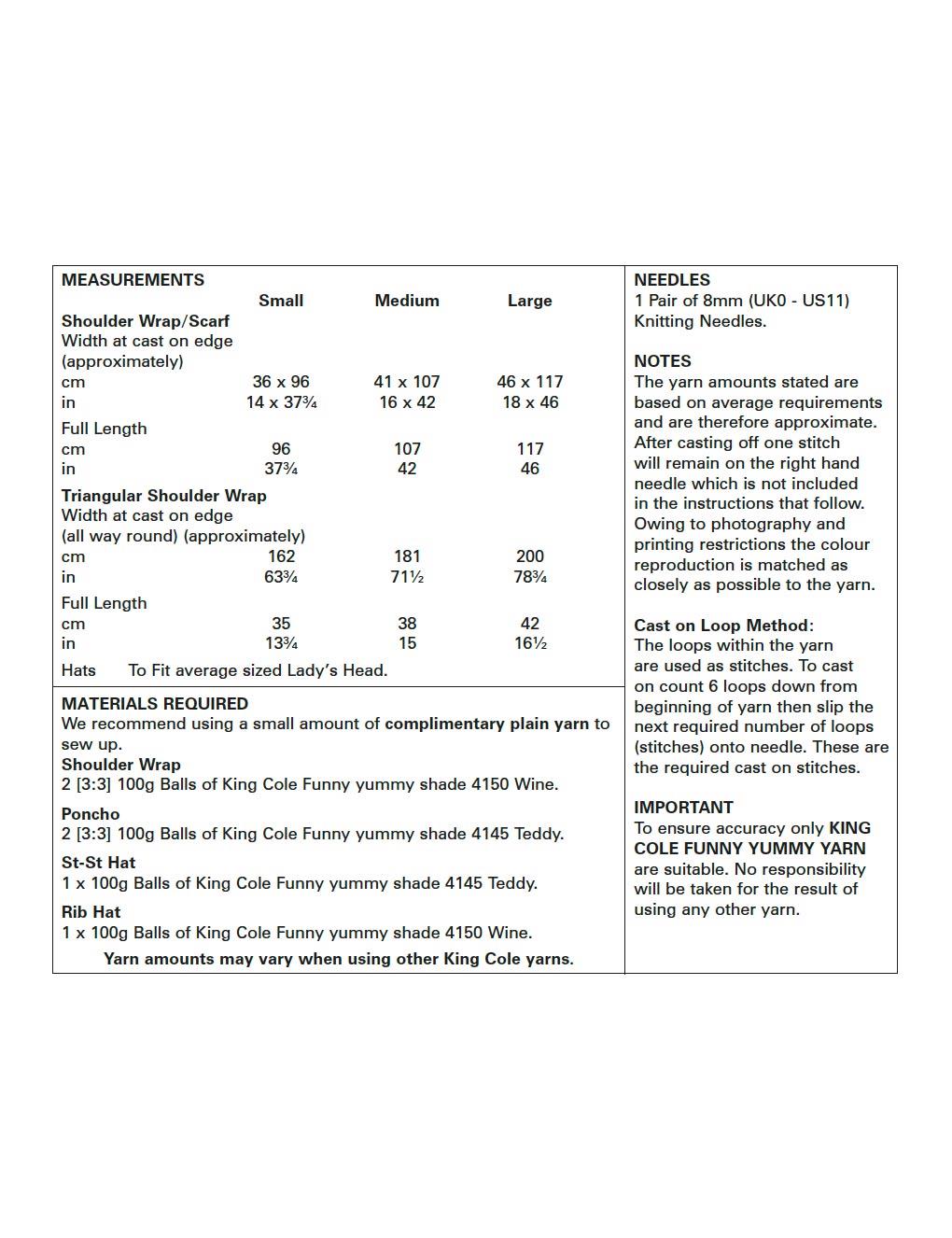 King Cole Funny Yummy knitting pattern (5539) ladies wraps and hats