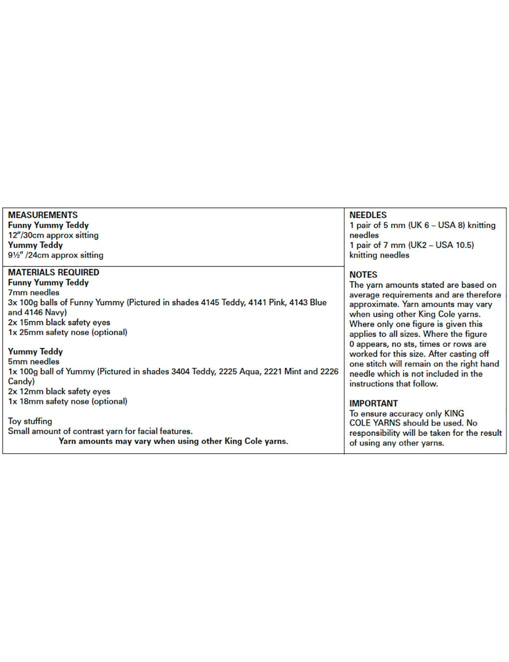 King Cole Funny Yummy & Yummy knitting pattern (9137) teddies