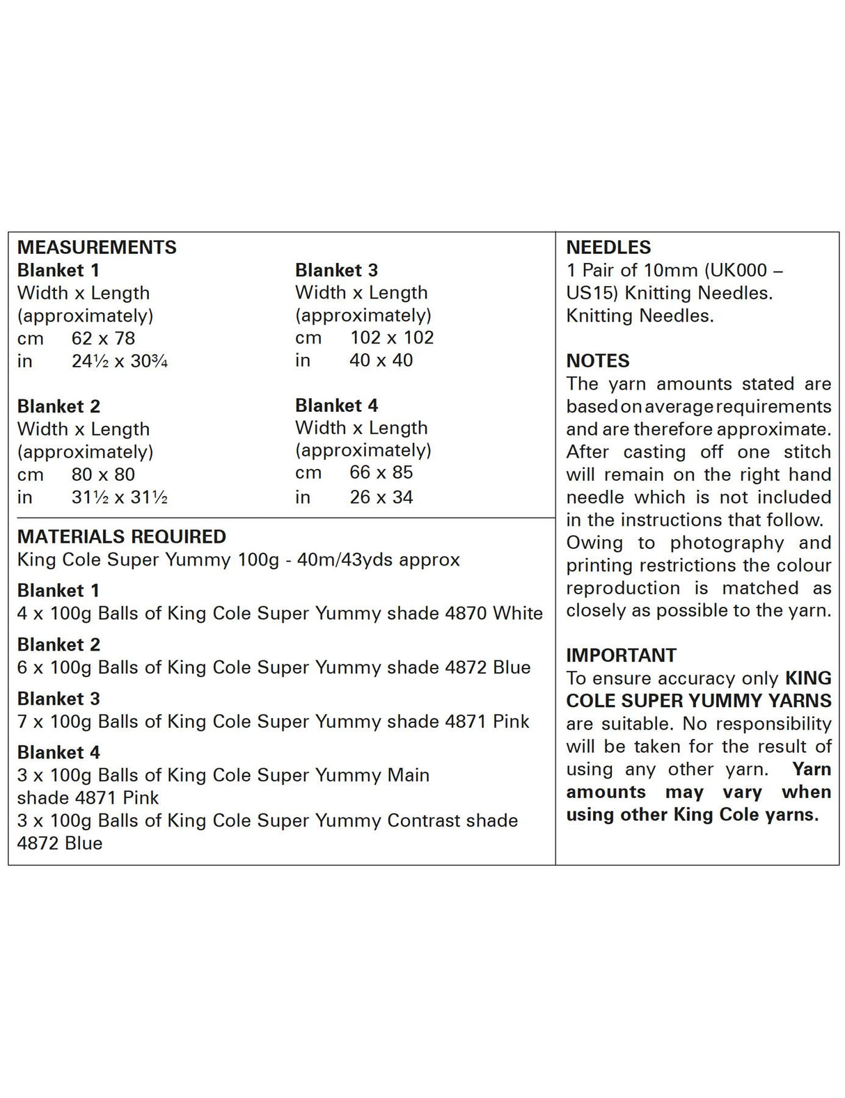 King Cole Super Yummy knitting pattern (5973) blankets