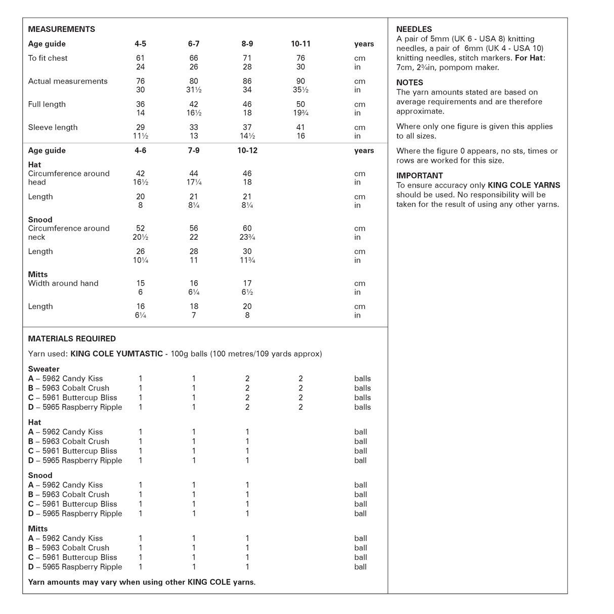 King Cole Yumtastic Chunky Child's Sweater & Accessories Pattern 6250