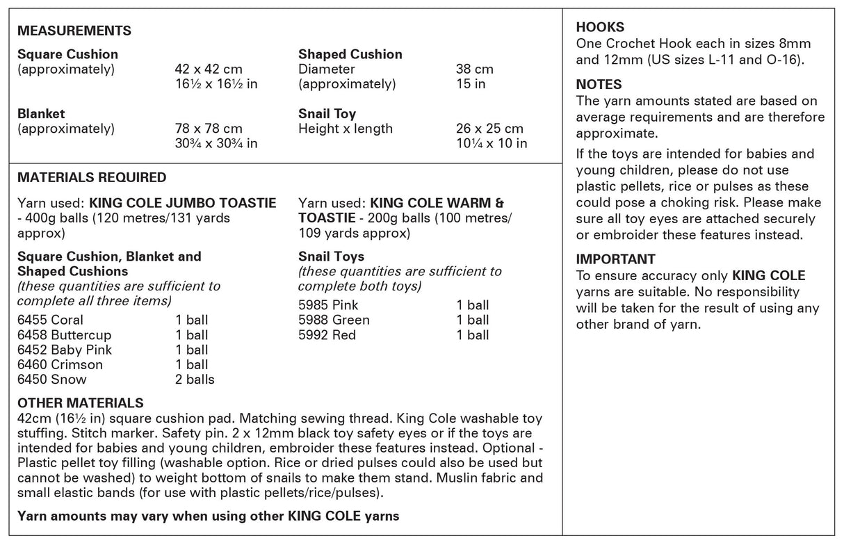 King Cole Jumbo Toastie Flower Cushions, Blanket and Snail Toy Crochet Pattern 6389
