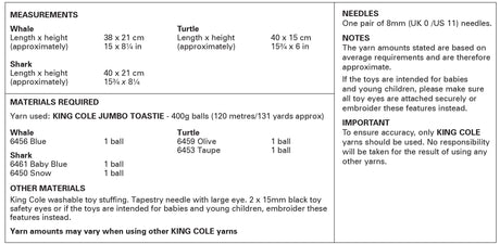 King Cole Jumbo Toastie Whale, Shark and Turtle Toys Pattern 9215