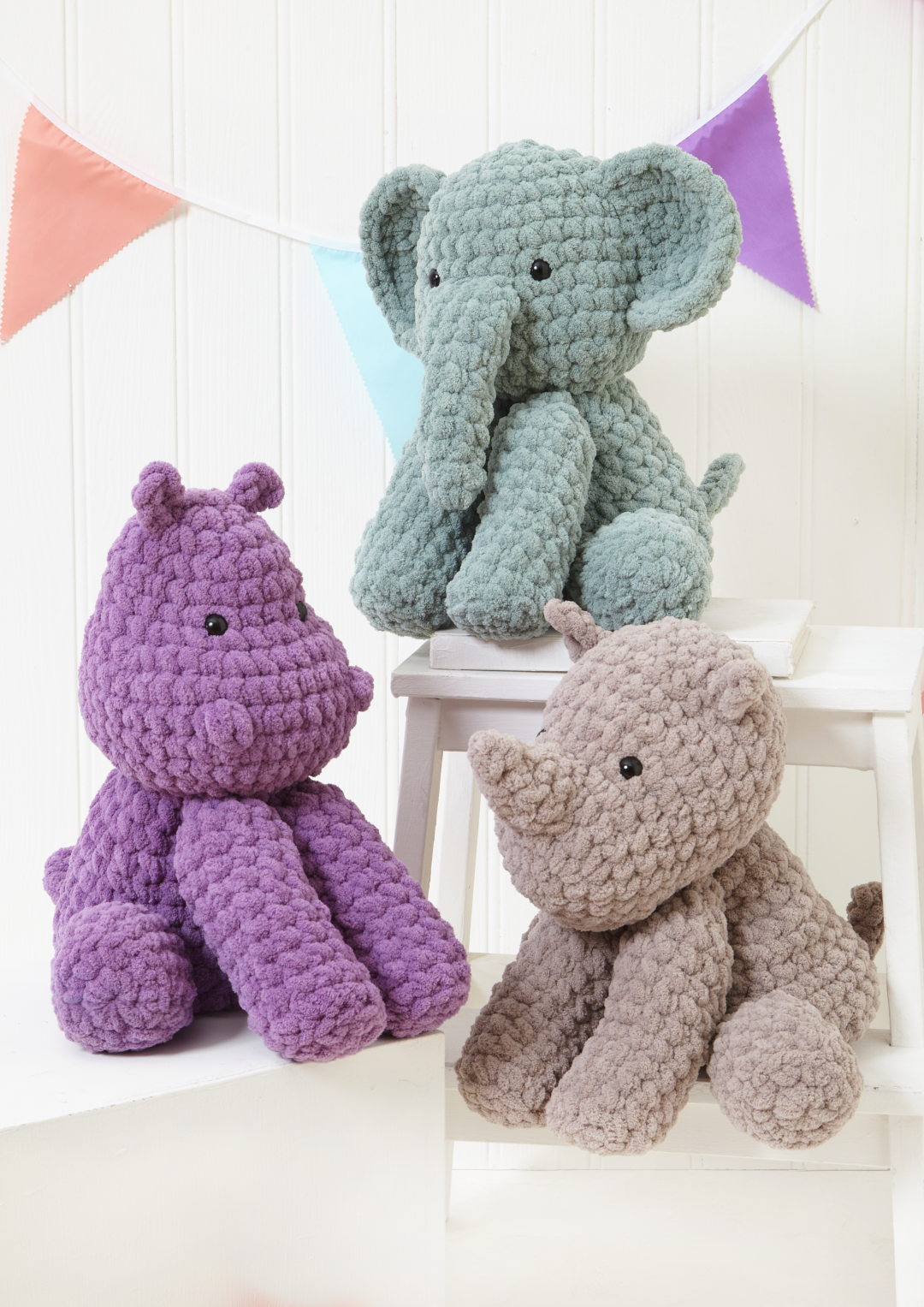 King Cole Jumbo Toastie Elephant, Hippo and Rhino Toys Crochet Pattern 9217