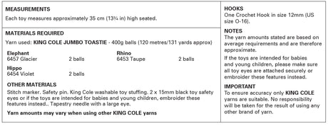 King Cole Jumbo Toastie Elephant, Hippo and Rhino Toys Crochet Pattern 9217