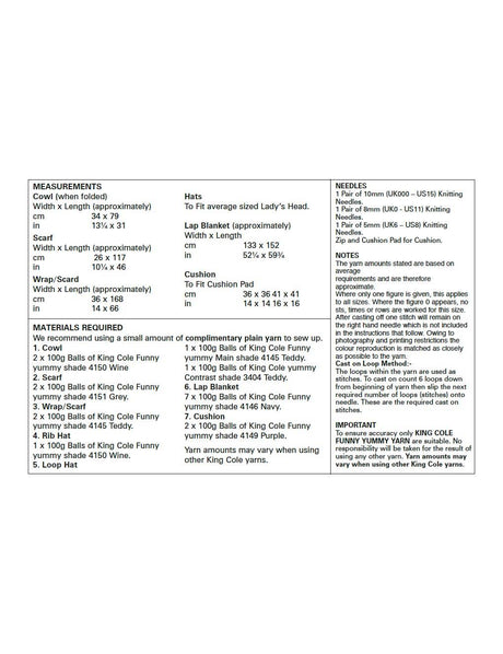 King Cole Funny Yummy knitting pattern (5540) ladies scarf, wrap & blankets