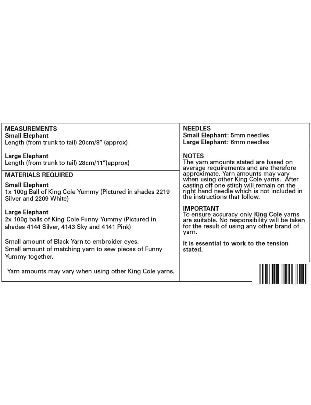 King Cole Funny Yummy & Yummy knitting pattern (9109) elephants