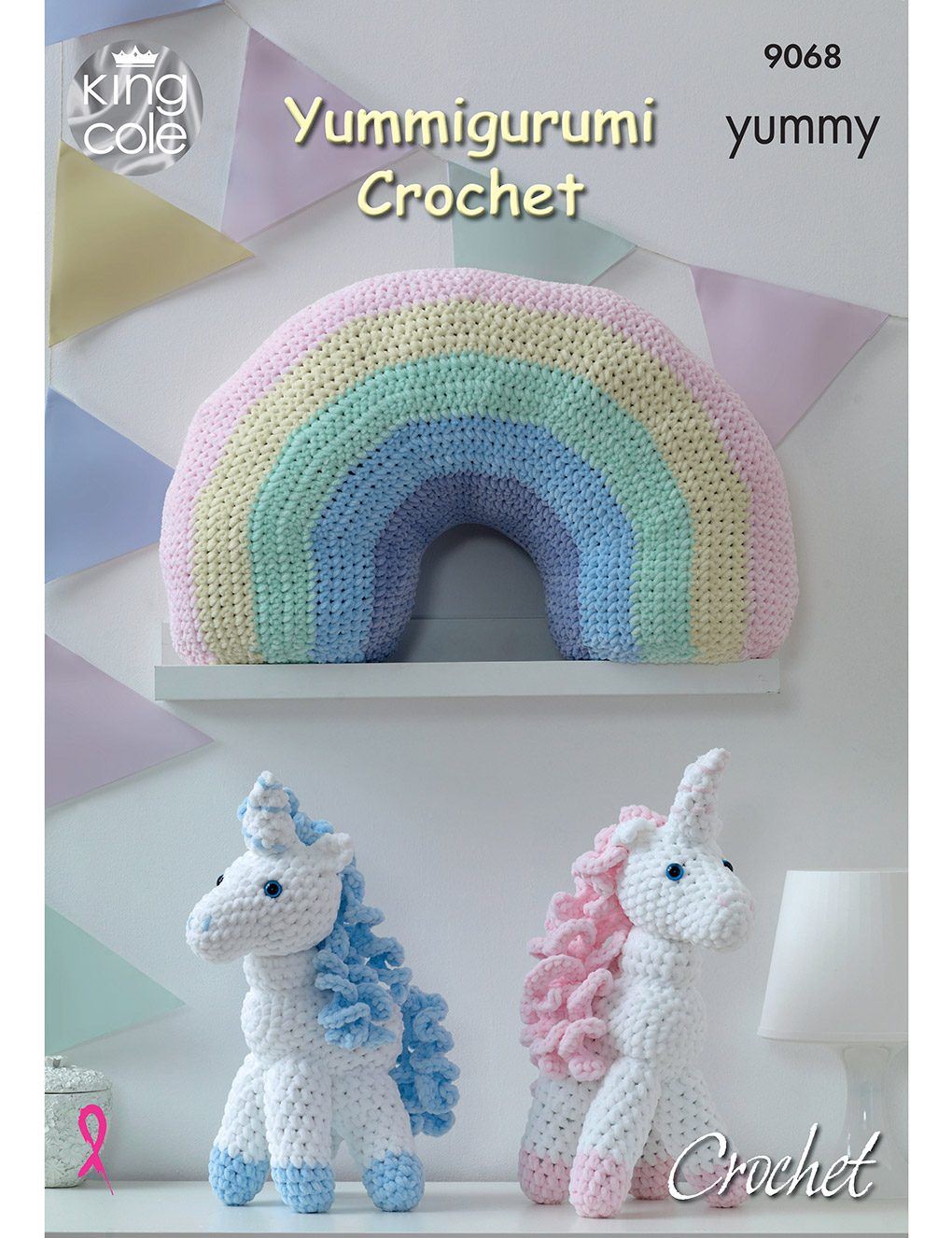 King Cole Yummy knitting pattern (9068) crochet unicorn and rainbow cushion