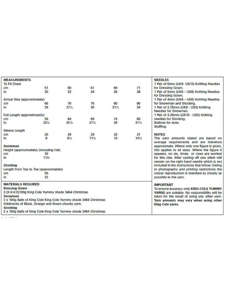 King Cole Yummy knitting pattern (5569) dressing gown, snowman, stocking