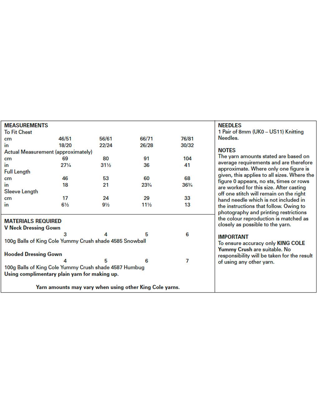 King Cole Yummy Crush knitting pattern (5602) dressing gowns