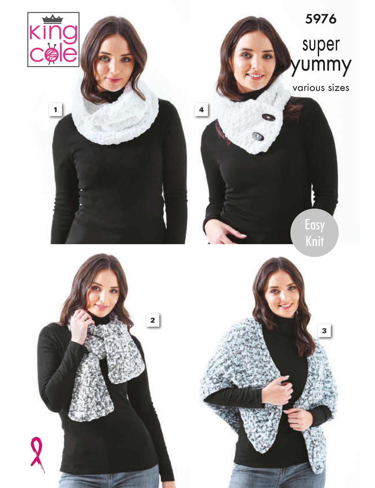 King Cole Super Yummy knitting pattern (5975) cowl and scarves
