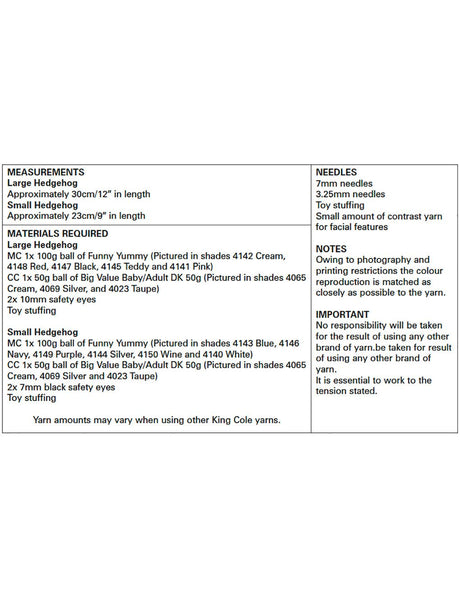 King Cole Funny Yummy knitting pattern (9135) hedgehogs