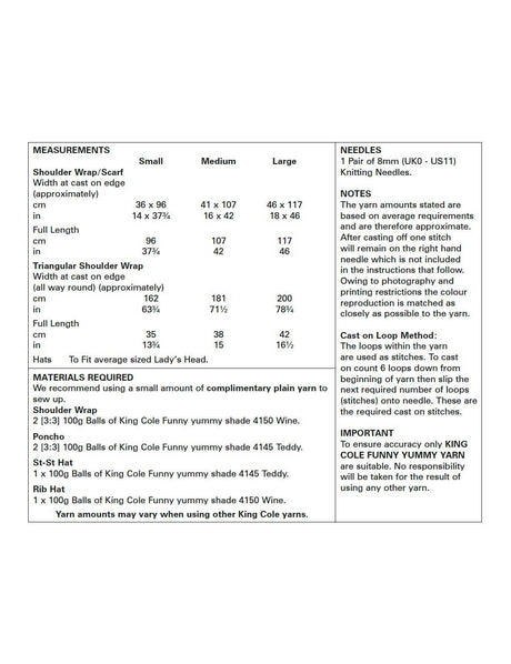 King Cole Funny Yummy knitting pattern (5539) ladies wraps and hats