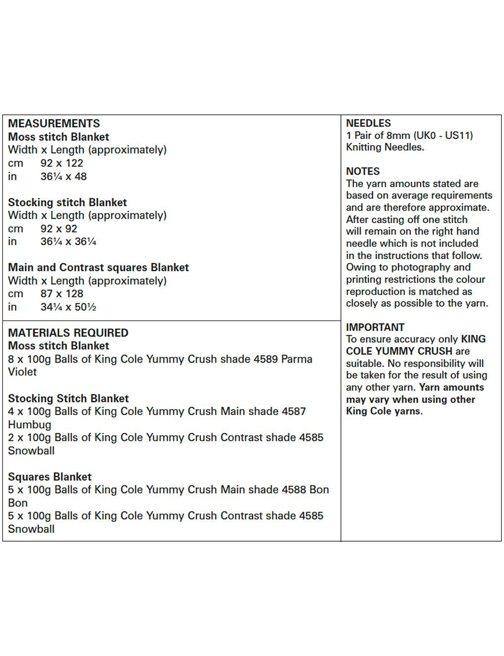 King Cole Yummy Crush knitting pattern (5604) blankets